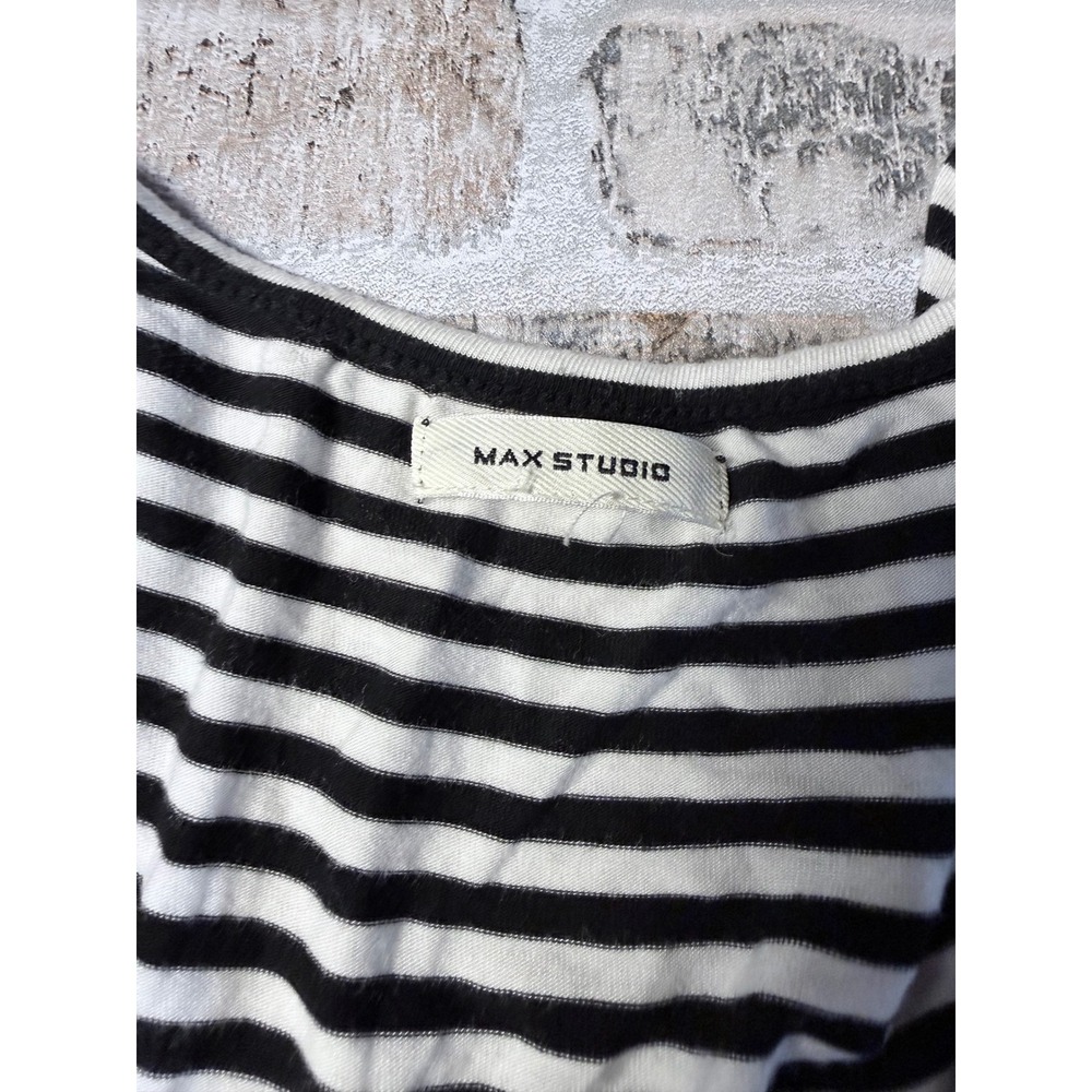 Max Studio Black White Striped Tiered Midi Dress Flutter Sleeve V-Neck 7902F59 - Picture 2 of 8